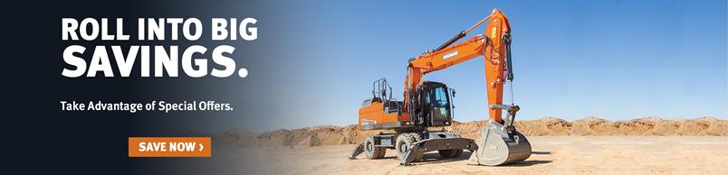 Doosan DX210W-5 wheel excavator on a jobsite.
