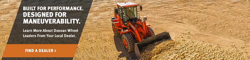 Doosan DL200-5 Wheel Loader moves a pile of soil with a bucket attachment.