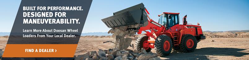 Doosan DL450-5 Wheel Loader dumps a pile of refuse with a multi-purpose bucket.